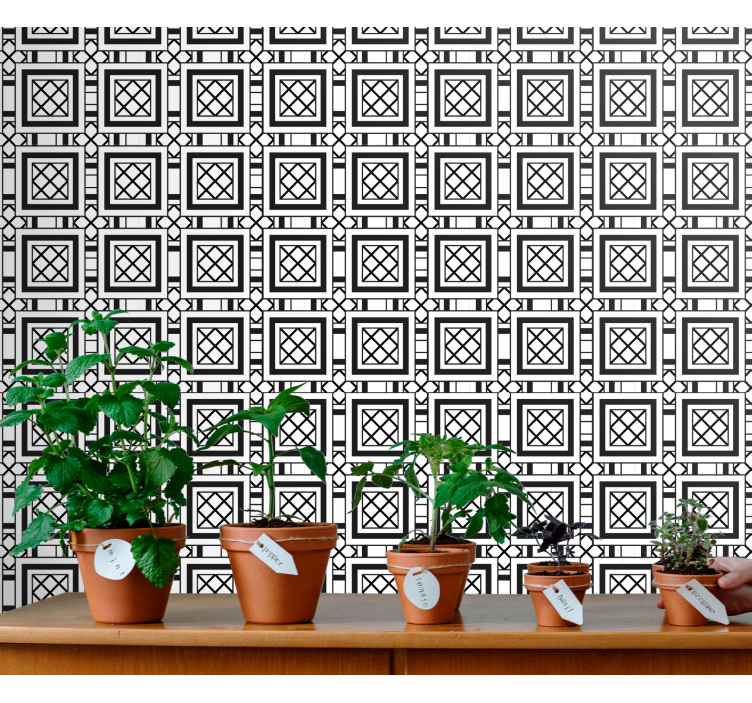 Papel pintado azulejos patrón clásico en blanco y negro - TenVinilo