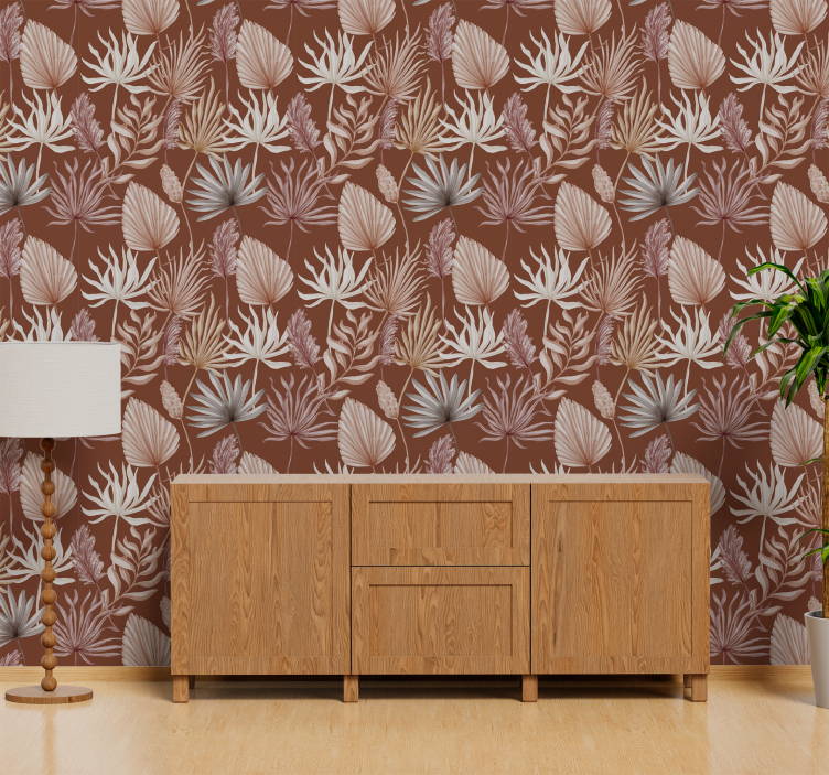 Papel pintado salón tonos terracotta hojas monstera - TenVinilo