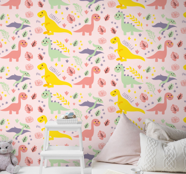 Papel pintado bebé dinosaurios con nombre personalizable - TenVinilo