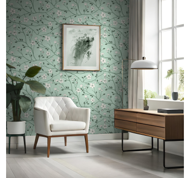 Papel pintado salón verde ramas florecientes - TenVinilo